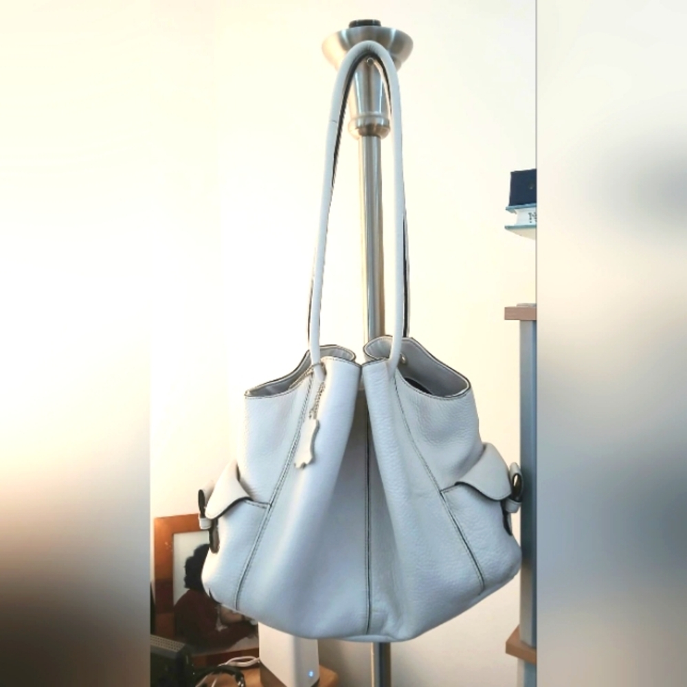 Apostrophe Shoulder Bag Boho white pebbled leather bucket bag drawstring
